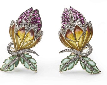 Enamel, Ruby and Diamond Flower Bud Earrings