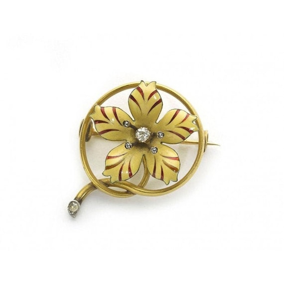 Victorian Diamond Enamel Flower Brooch