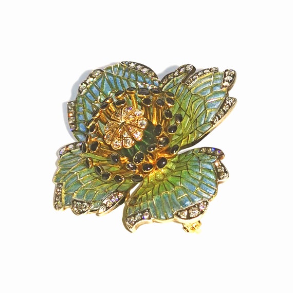 Moira Poppy Plique a Jour Enamel Diamond Silver and Gold Brooch