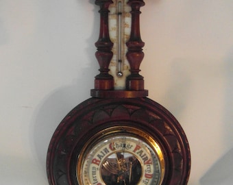 Antique 1900s Carved Wood Black Forest Style Barometer & Thermometer - Tested.