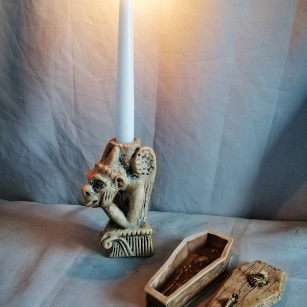 Vintage Gothic Gargoyle Candlestick & Coffin Trinket Box