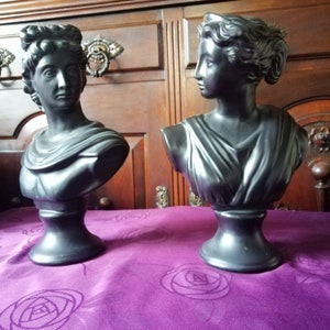 Vintage Ancient Greek Copies of Black Matt Ceramic Busts Of Apollo And Artemis