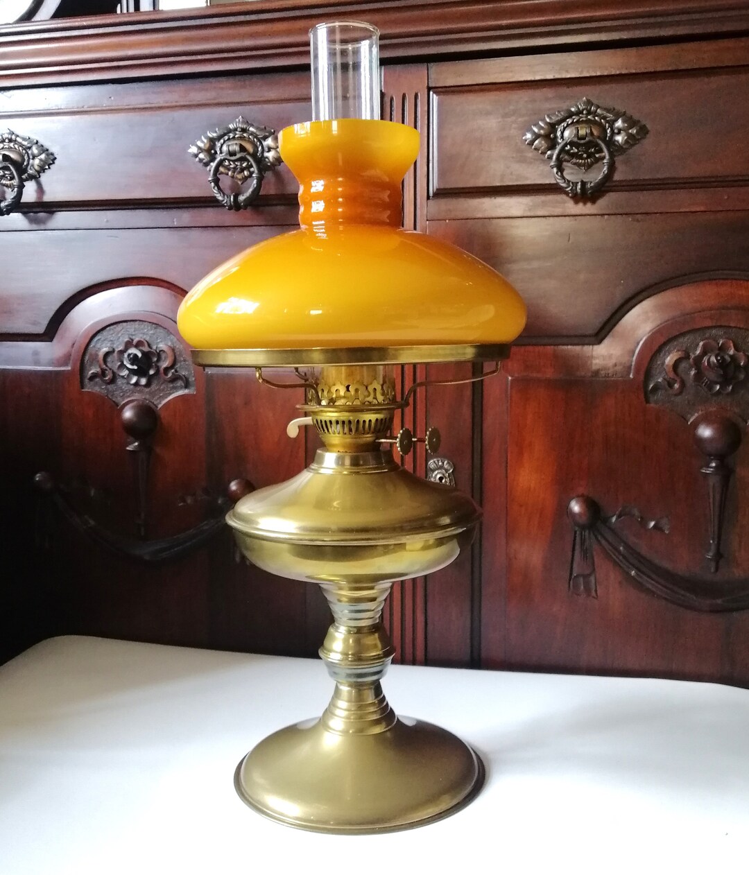 Large Brass Dual Wick Oil Lamp With A Yellow/amber Milk Glass Etsy