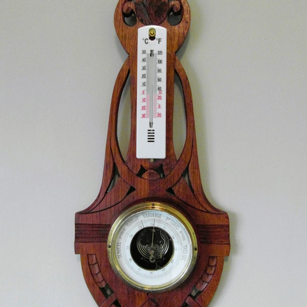 Attractive 1970s Art Deco Style Carved Openwork Wood French Language Barometer
