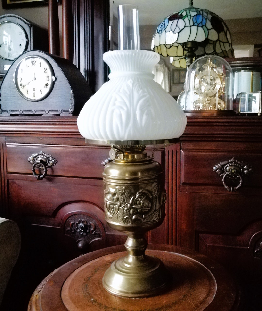 Lovely Large Brass Dual Wick Oil Lamp With Chimney & Milk Glass Shade