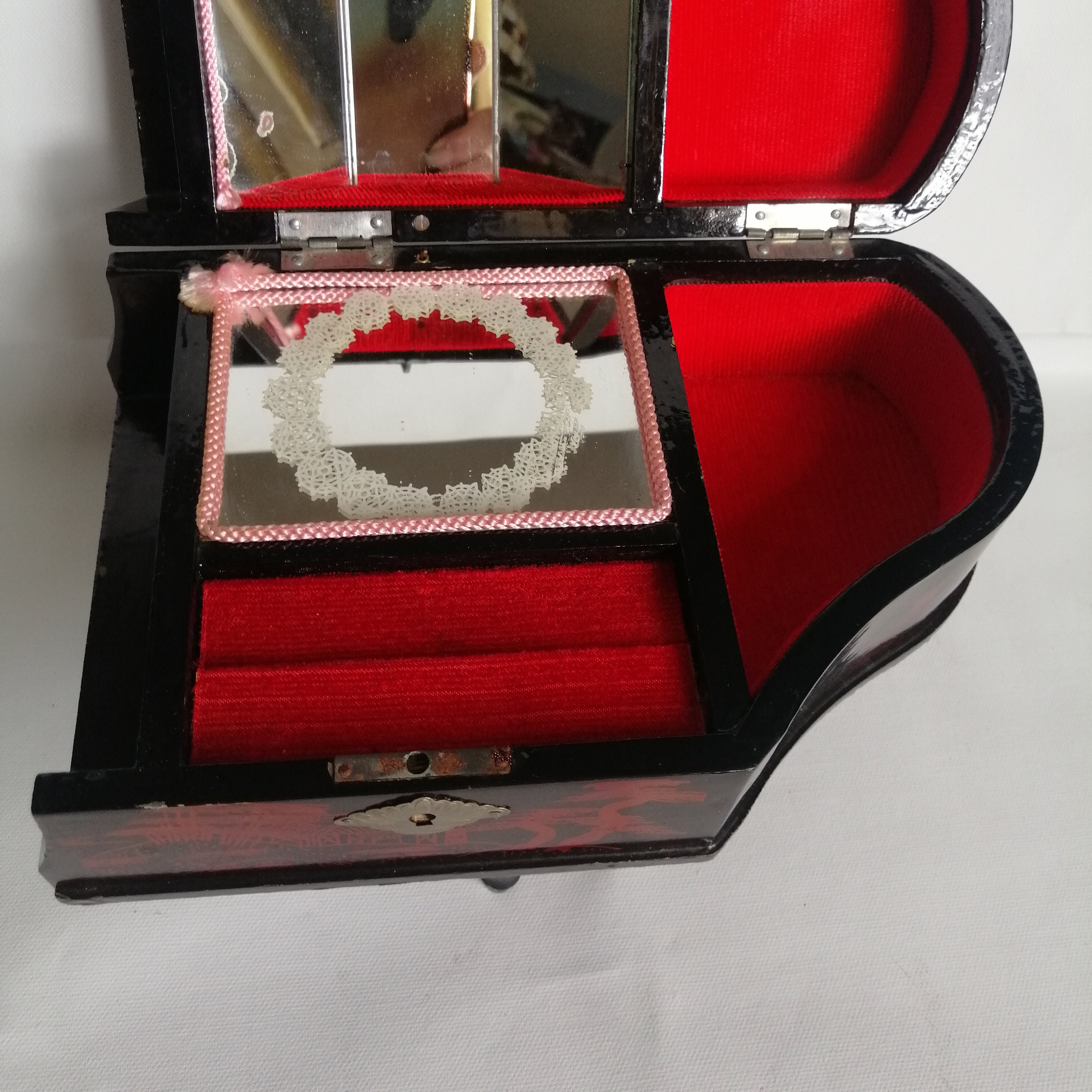 Beautiful 1950s Oriental Musical Jewellery Box Piano Shape