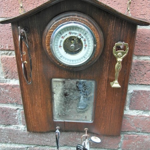 Upcycled Haunted House Style Victorian Aneroid Barometer Key Holder Antique Oak!