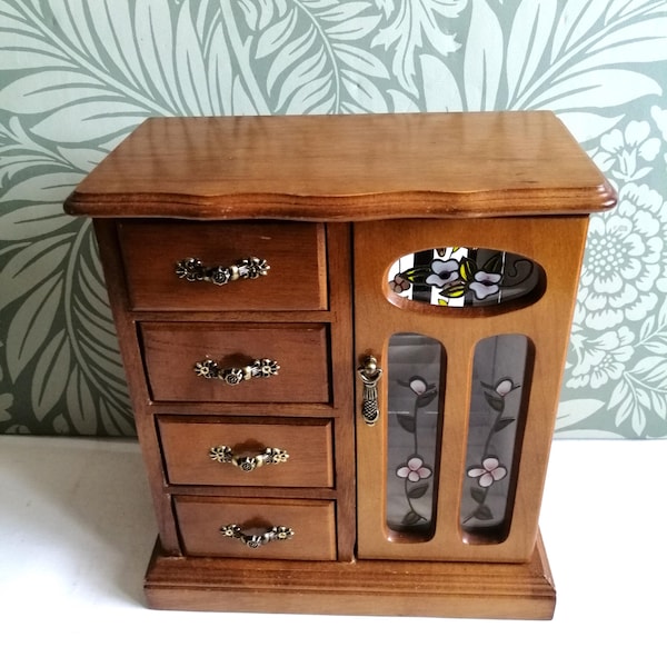 Vintage Wooden Wardrobe Style Jewellery Box With Stained Glass Door Panel