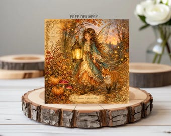 Enchanted Cosy Autumn Woodland Blank Greeting Card - Woodland Fox Pumpkins -Birthday Note Card  (EC)