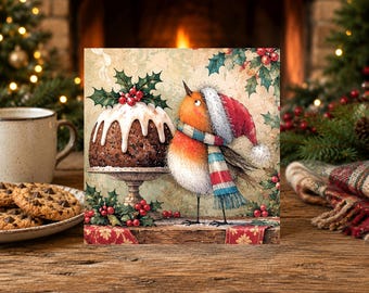Family Christmas Card - Whimsical Winter Robin Christmas Pudding-  Festive Holiday Card  (P97)