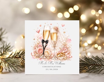 Wedding Card | Names & Date | Personalised Newly Weds | Champagne Glasses  | Free Delivery | Handmade For Couples