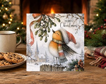 Family Christmas Card - Whimsical Winter Robin under The Mistletoe -  Festive Holiday Card