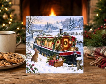 Cosy Snowy Winter Scene Narrowboat - Canal Boat - Handmade  Christmas Card  (BCBK)