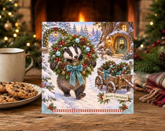 Family Woodland Christmas Card Badger with Christmas Wreath  - Festive Country Snowy Scene  (WBD)
