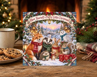 Woodland Christmas Card - Fox, Badger, Hedgehog, Bunny, Owl  - Cute Festive Country Winter Animals  (DF1)