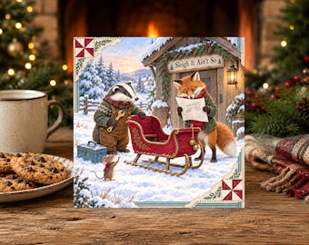 Woodland Christmas Card - Fox and Badger - Festive Country  Winter Animals Family Card  (SLY)