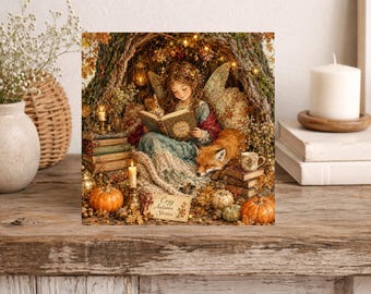 Enchanted Cosy Autumn Woodland Blank Card - Forest Animal Pumpkins -Birthday Note Card - Fox Squirrel Fairy -  (AAS)
