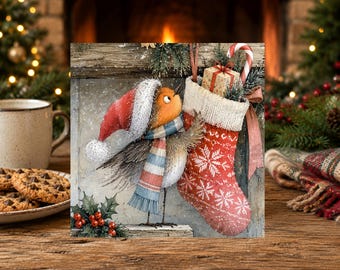 Family Christmas Card - Whimsical Winter Jolly Robin Hanging His Christmas Stocking  - Blank  (S7)