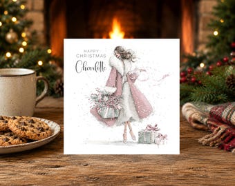Christmas Greeting Card - Happy Christmas - Girl Shopping Festive Holiday Card  (GUU)