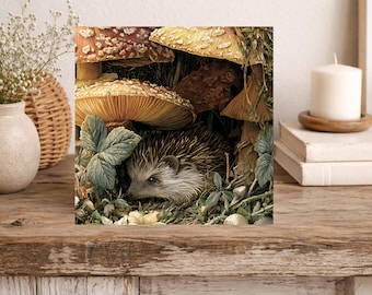 Enchanted Woodland  - Hedgehog Under Giant Magic Mushrooms Toadstools - Fungi Greeting Card -
