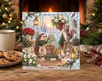 Woodland Christmas Card  Adorable Hedgehog and Squirrel  - Festive Country Snowy Winter Cottage  (86G)