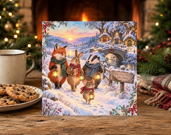 Family Woodland Christmas Card Fox Badger Hedgehog Bunny  - Festive Country Winter Animals  (FB2)