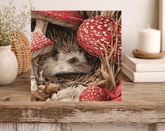 Woodland Hedgehog Under Giant Red Toadstool Fungi - Handmade Greeting Card