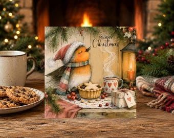 Family Christmas Card - Whimsical Winter Robin with a Festive Mince Pie - Merry Christmas