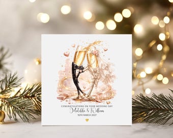 Wedding Card | Names & Date | Personalised Newly Weds | Quirky Champagne Glasses  | Handmade For Couples