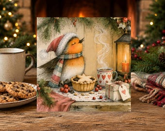 Family Christmas Card - Whimsical Winter Robin with a Festive Mince Pie - Blank  (R22)