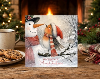 Family Christmas Card - Whimsical Winter Robin with Snowman -  Festive Holiday Card - Merry Christmas