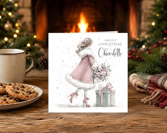 Christmas Card - Watercolour Happy Christmas - Girl Shopping - Festive Holiday Card