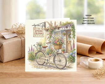 Vintage Bicycle, Summer Blooms Blank Greeting Card:  Handmade Retro Inspired