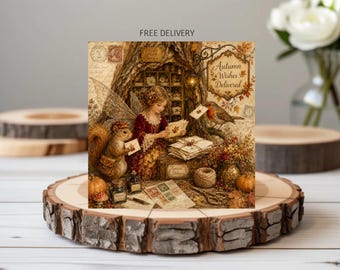 Enchanted Cosy Autumn Woodland Blank Greeting Card - Forest Animal Pumpkins -Birthday Note Card - Robin and Squirrel