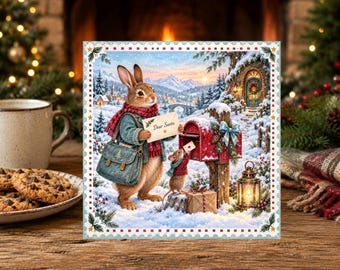Woodland Christmas Card - Bunny and Mouse - Cute Festive Country Winter Animals  (H72)