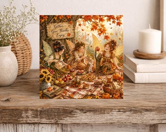 Autumn Woodland Greeting Card - Forest Pixie Fairy Woodland Tea Party - Bunnies Pumpkin -Birthday - Fairy Lovers  (EA)