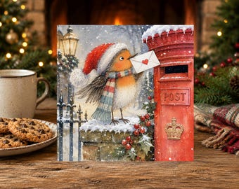 Family Christmas Card - Whimsical Winter Robin - Christmas Posting Card -  Festive Holiday Season (LB36)
