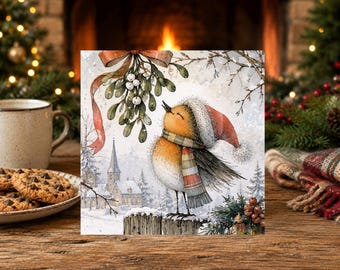 Family Christmas Card - Whimsical Winter Robin Under the Mistletoe -  Festive Holiday Card - Merry Christmas