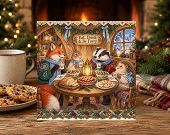 Woodland Christmas Card Fox Badger Hedgehog Bunny  - Cute Festive Country Winter Animals  (KVE)