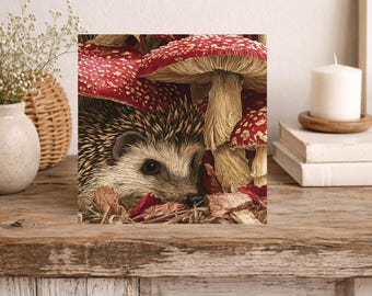 Woodland Hedgehog Under Giant Red Toadstool- Fungi Handmade Greeting Card