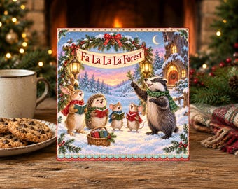 Woodland Christmas Card - Singing Mice, Badger, Hedgehog, Bunny  - Festive Country Winter Animals (GSD)