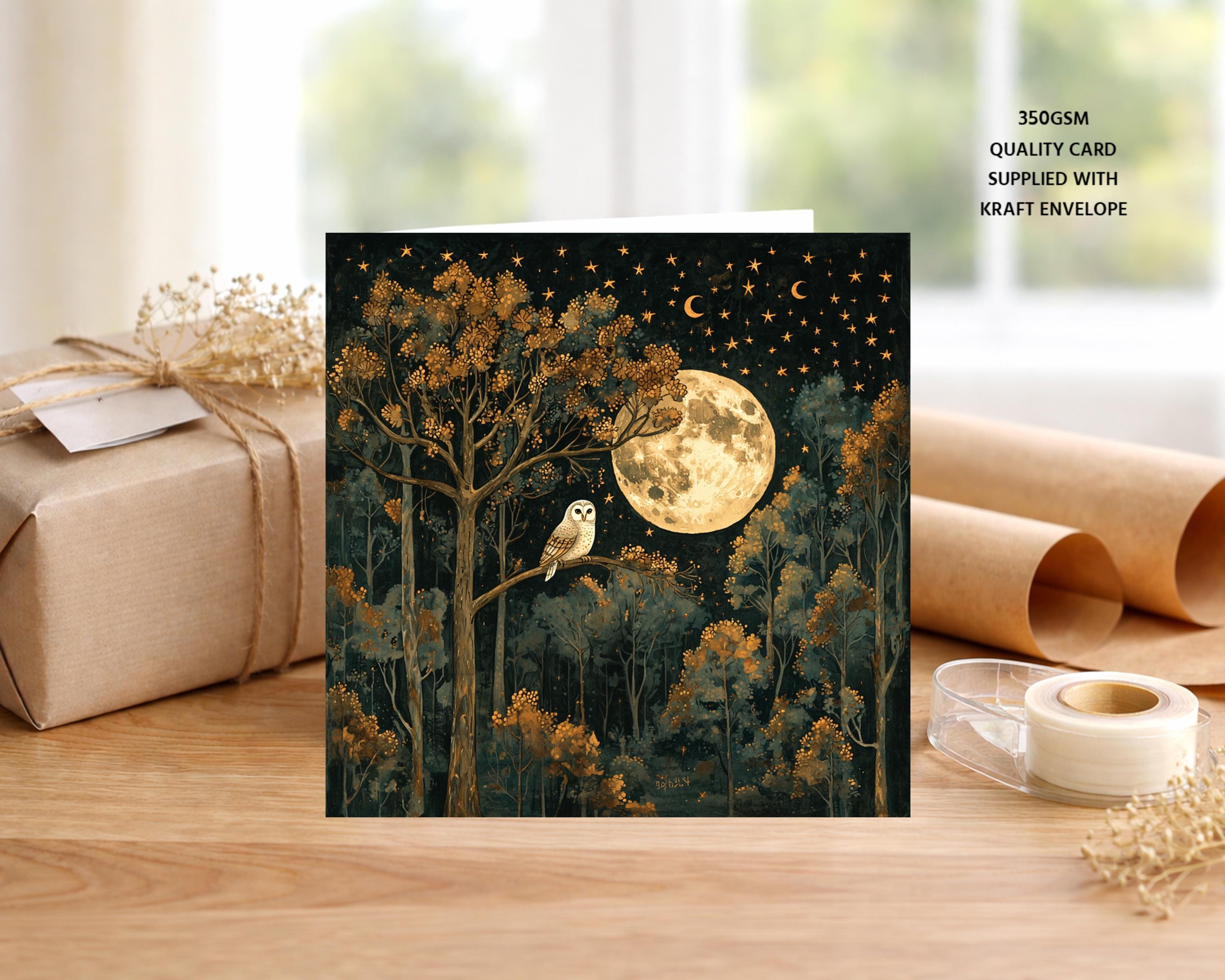 Midnight Tawny Owl- Full Moon Handmade Blank Greeting Card -Birthday - Note Card (MO4)