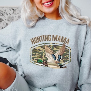 Hunting Mama Sweatshirt, Gift for Hunting Wife, Duck Hunting Crewneck Pullover, Outdoor Hunting Apparel, Camo Print Crewneck, Hunting Season
