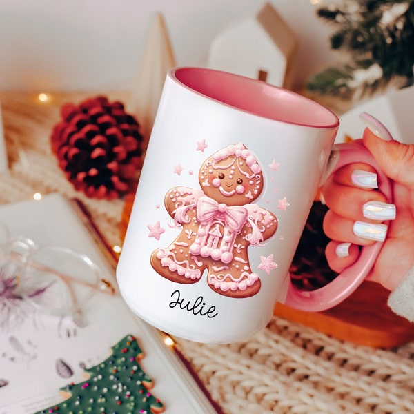 Pink Christmas, Pink Christmas Mug, Pink Gingerbread Girl Mug, Christmas Tree Mugs, Christmas Mug Gifts, Pink Coffee Mugs