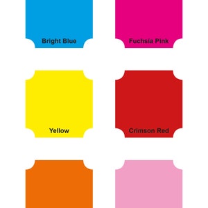 May include: A graphic featuring six colorful squares with rounded corners, each displaying a different color: bright blue, fuchsia pink, yellow, crimson red, dark orange, and light pink. Each square has the color name printed below it.