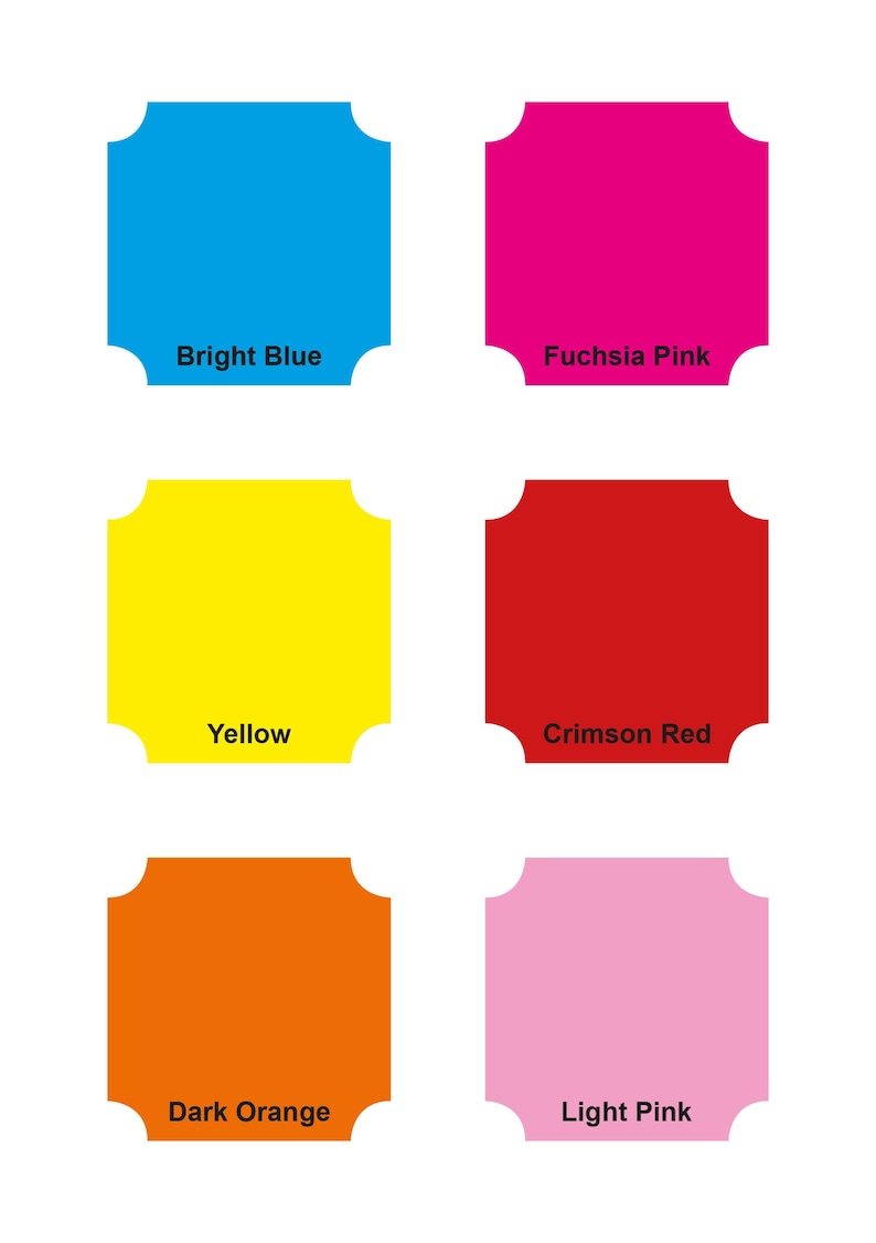 May include: A graphic featuring six colorful squares with rounded corners, each displaying a different color: bright blue, fuchsia pink, yellow, crimson red, dark orange, and light pink. Each square has the color name printed below it.