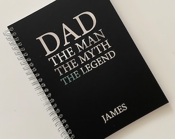 Dad The Man The Myth The Legend, Personalised Silver & Black Wiro Bound Notebook, Personalised Birthday Gift, Gift For Dad, Fathers Day