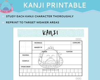 Japanese Kanji Study Worksheet PDF Printable| Language Learning Sheet| Japanese Language Workbook