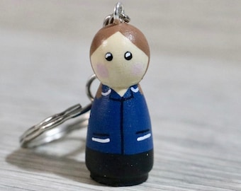 Carer Peg Doll Keyring / Charm (personalised) Handmade, Any Uniform Colour 3.5cm