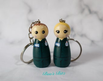 Scottish Paramedic Peg Doll Keyring / Charm 4.3cm (personalised) NHS key worker Handmade